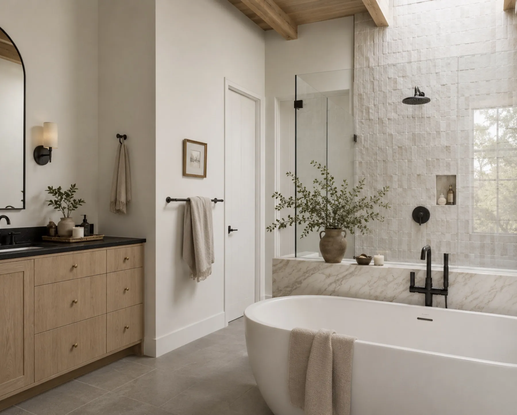 A wood vanity, a freestanding tub and a glass shower with textured white tile.