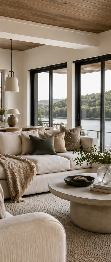 A tall great room with sliders facing the lake