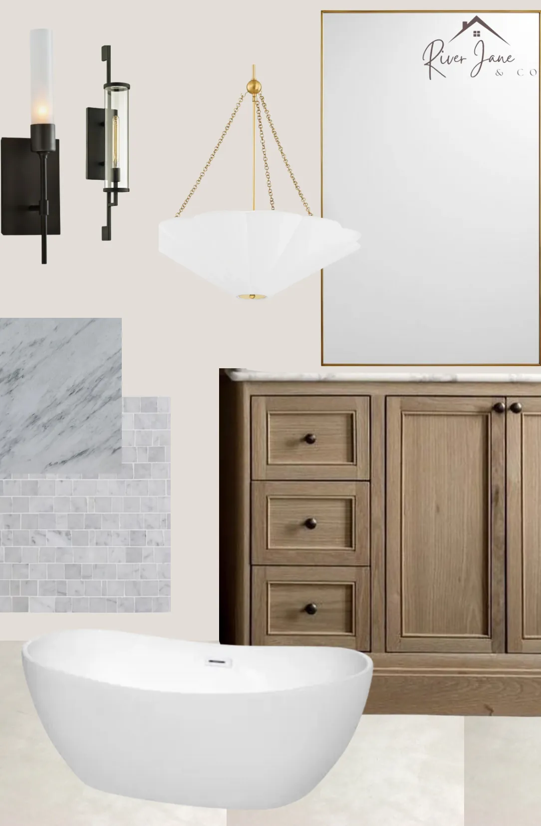 A River Jane bath design board: marble, lighting, an oak vanity and a freestanding tub.