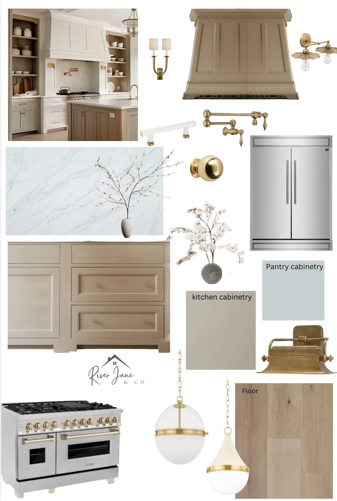 A River Jane kitchen design board: cabinetry, hood, lighting, hardware and finishes, chosen together.