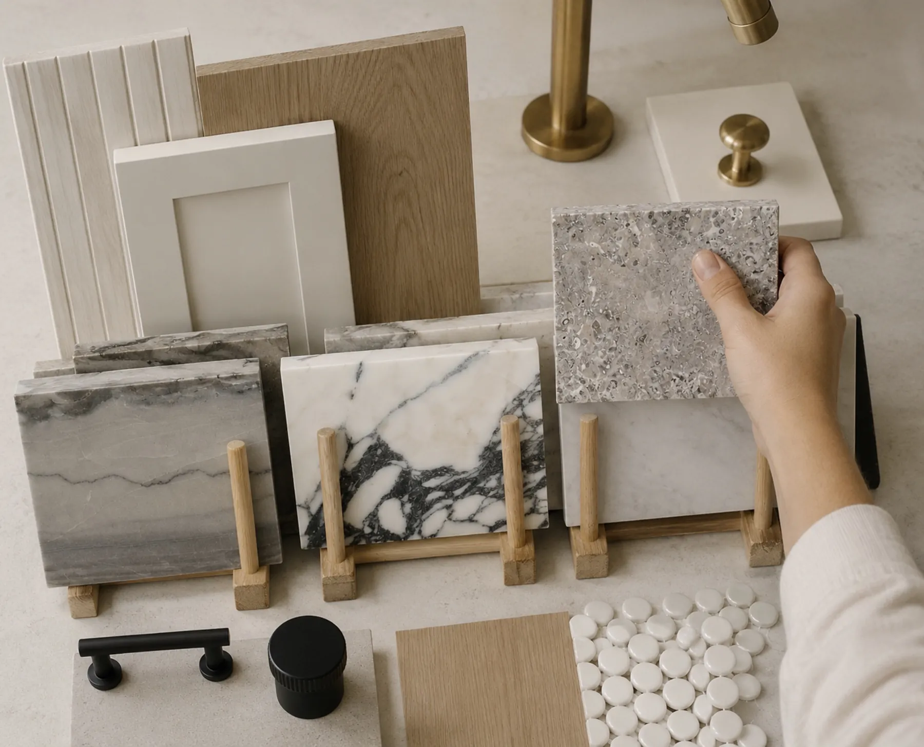 Stone, wood and tile samples chosen together.