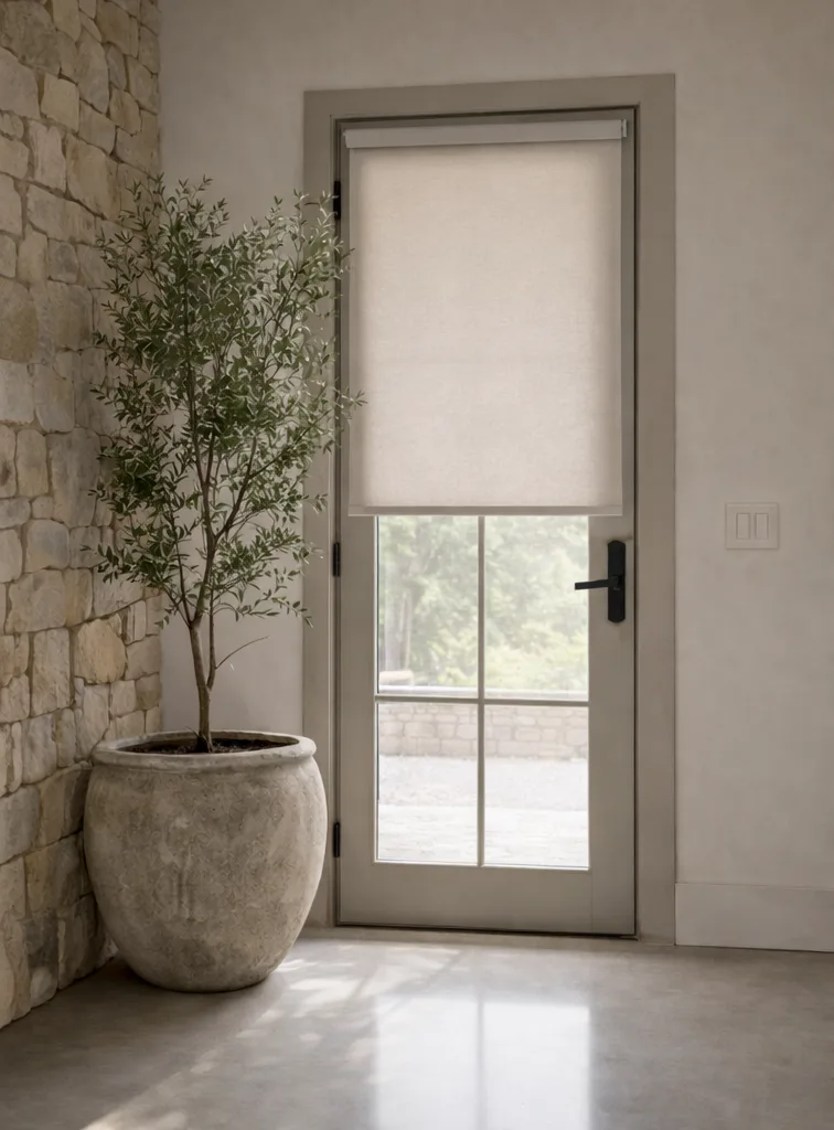 Glass door with the shade lowered