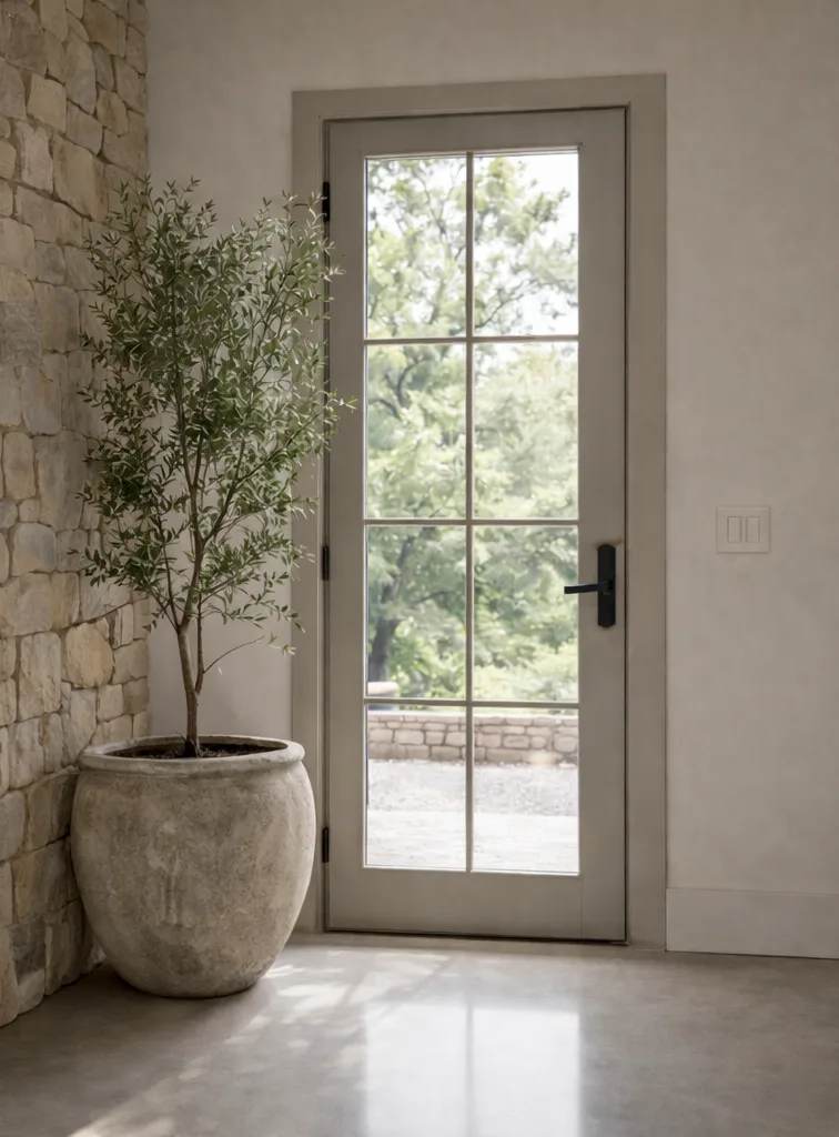 Glass door with the shade raised