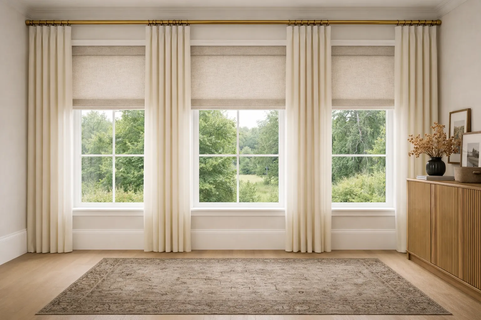 Linen Roman shades mounted inside the window frames.